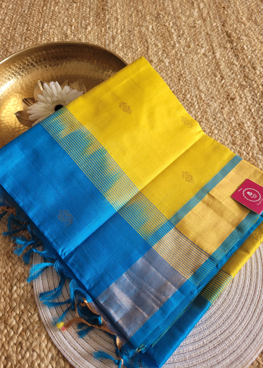 Bright Yellow and CopperSulphate Blue Silk Cotton Saree- TN