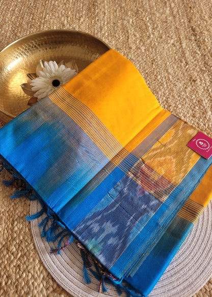 Turmeric Yellow And Blue Silk Cotton Saree- TN