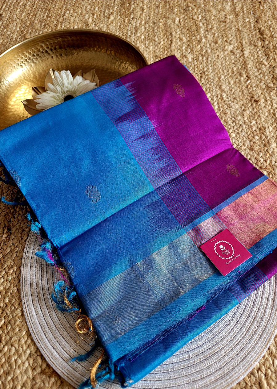 Wineish Purple And Copper Sulphate Blue Silk Cotton Saree- TN