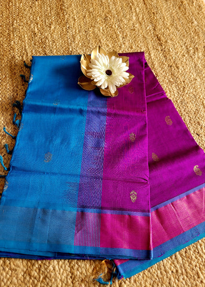 Wineish Purple And Copper Sulphate Blue Silk Cotton Saree- TN