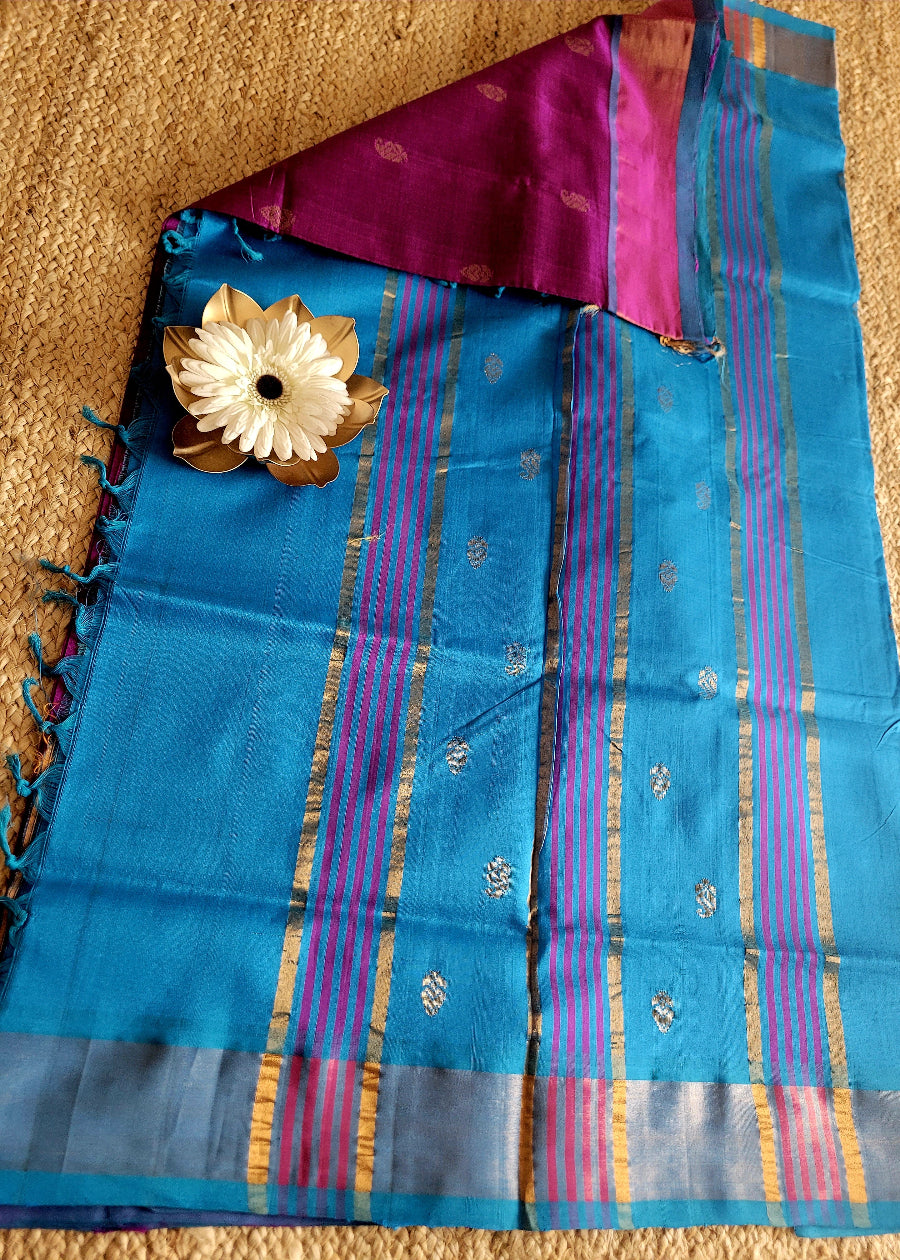 Wineish Purple And Copper Sulphate Blue Silk Cotton Saree- TN