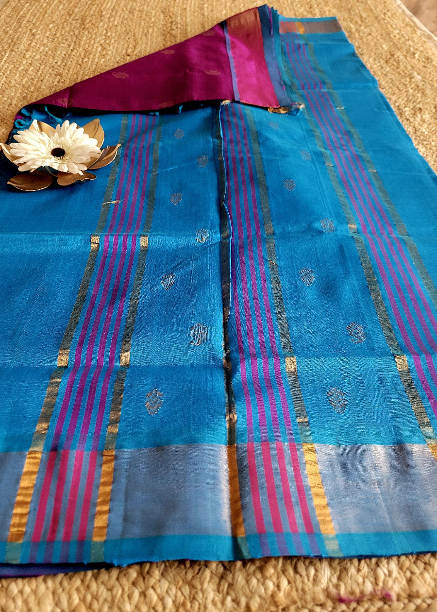 Wineish Purple And Copper Sulphate Blue Silk Cotton Saree- TN