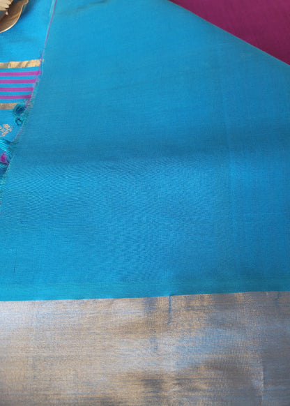 Wineish Purple And Copper Sulphate Blue Silk Cotton Saree- TN