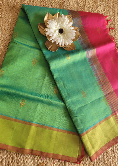 Turquoise Green And Fuchsia Pink Silk Cotton Saree-TN