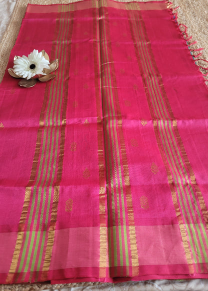Turquoise Green And Fuchsia Pink Silk Cotton Saree-TN