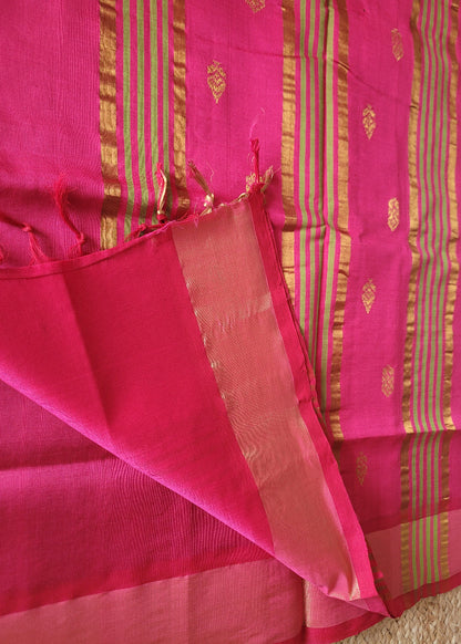 Turquoise Green And Fuchsia Pink Silk Cotton Saree-TN