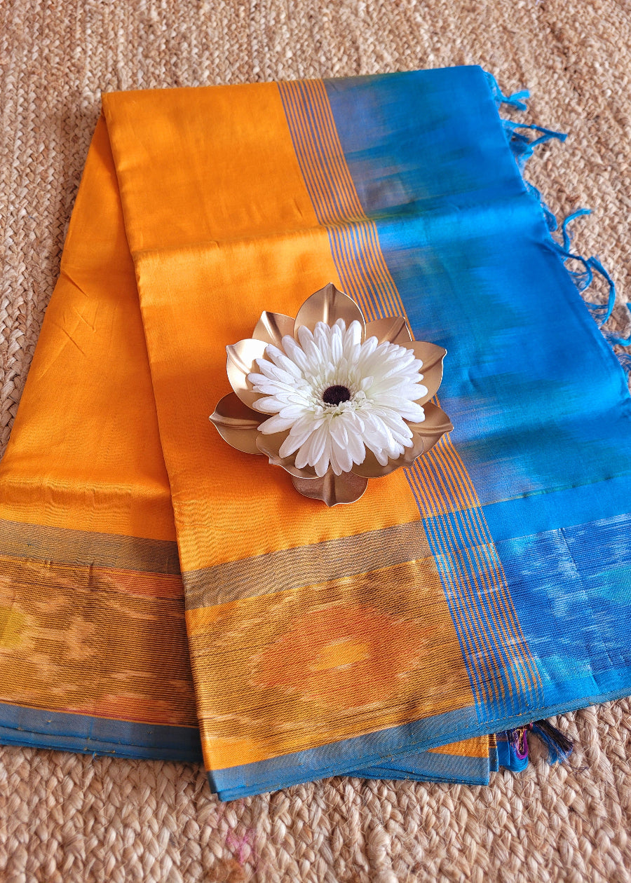 Turmeric Yellow And Blue Silk Cotton Saree- TN