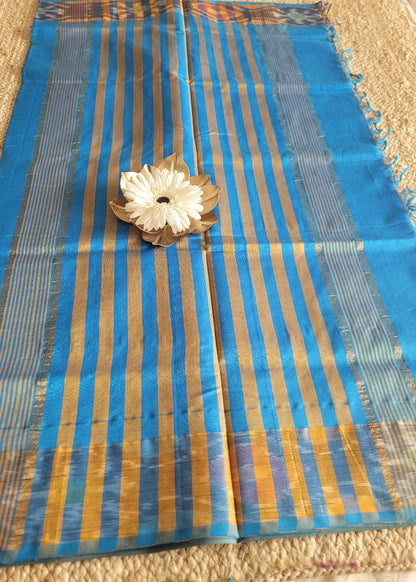 Turmeric Yellow And Blue Silk Cotton Saree- TN
