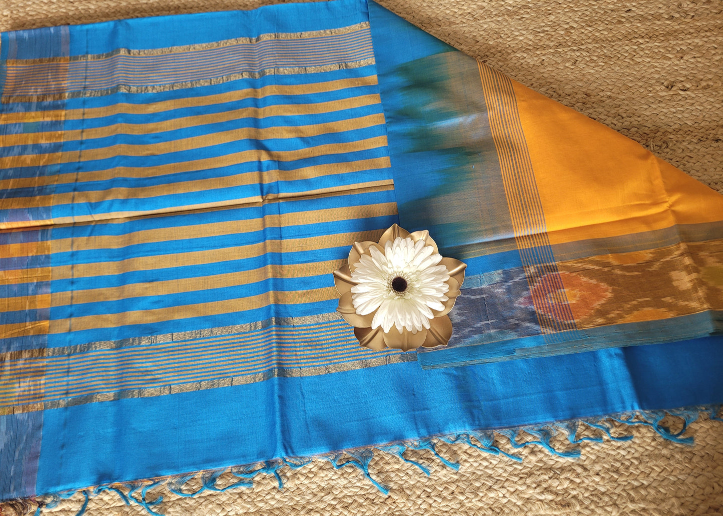Turmeric Yellow And Blue Silk Cotton Saree- TN