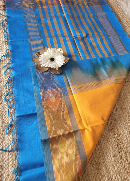 Turmeric Yellow And Blue Silk Cotton Saree- TN