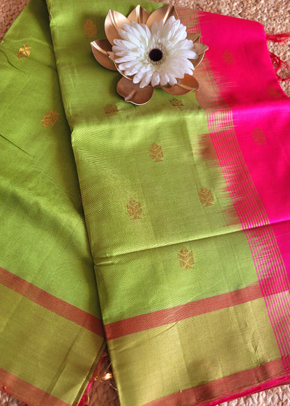 Light Green and  Pink Silk Cotton Saree- TN