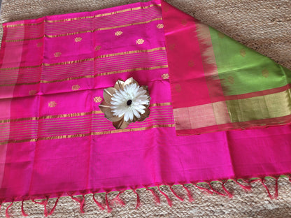 Light Green and  Pink Silk Cotton Saree- TN