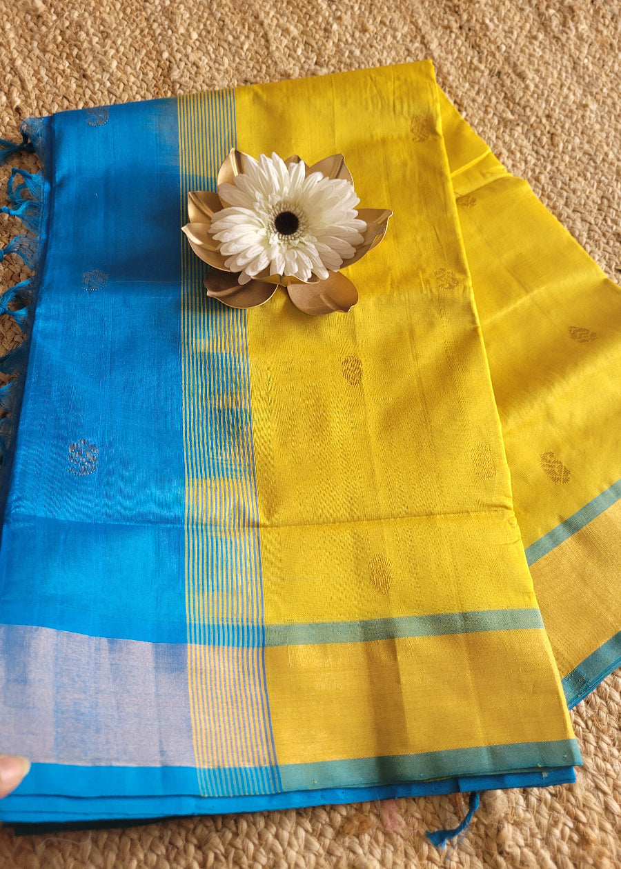 Bright Yellow and CopperSulphate Blue Silk Cotton Saree- TN