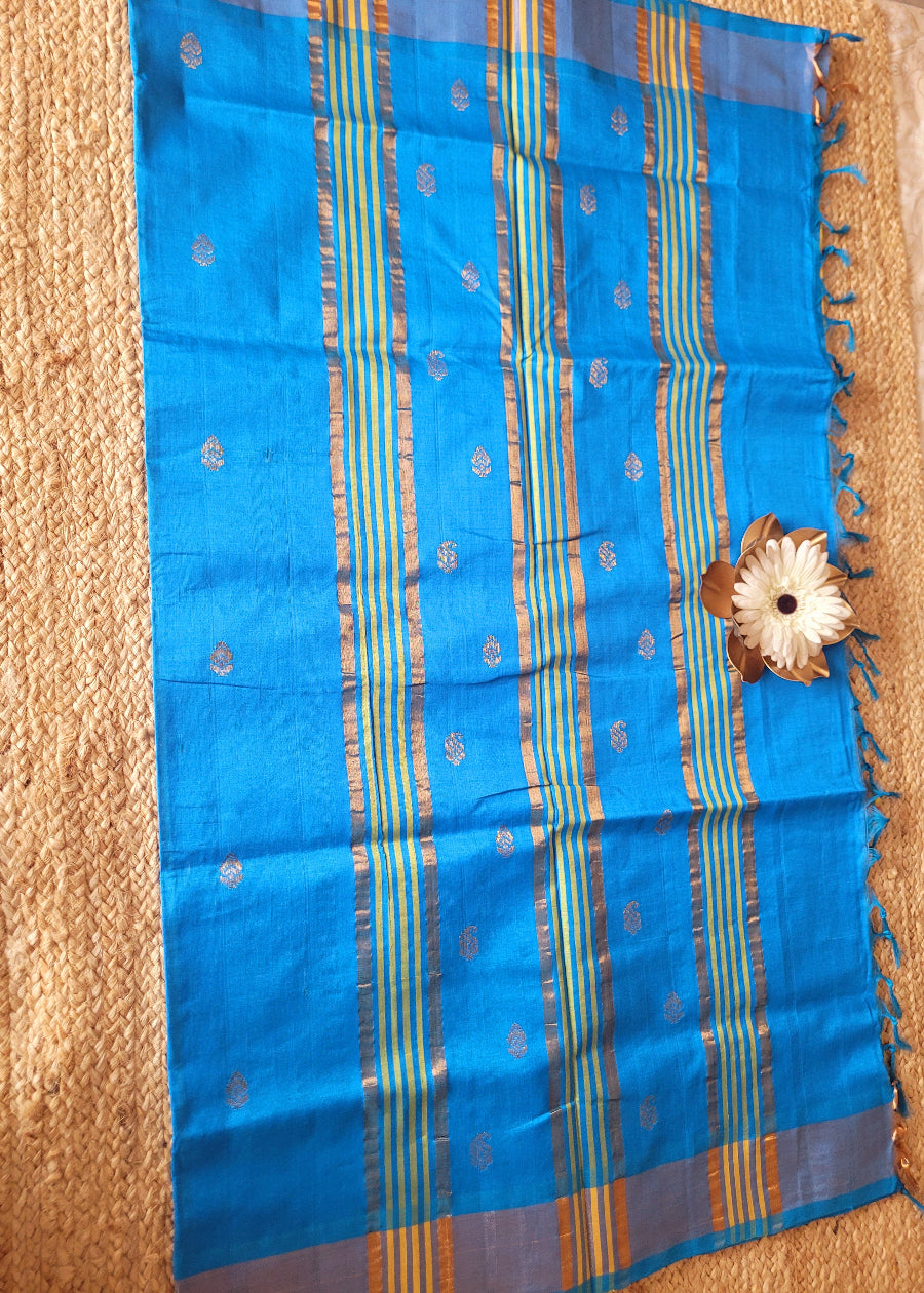 Bright Yellow and CopperSulphate Blue Silk Cotton Saree- TN