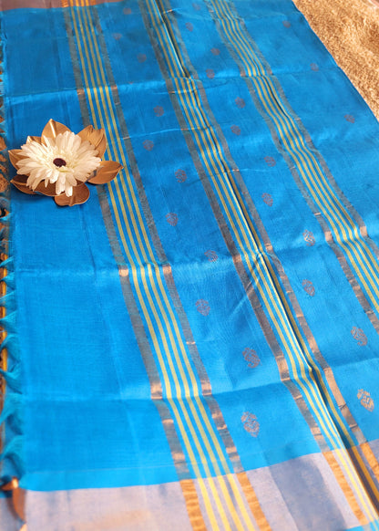 Bright Yellow and CopperSulphate Blue Silk Cotton Saree- TN