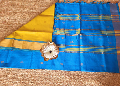 Bright Yellow and CopperSulphate Blue Silk Cotton Saree- TN