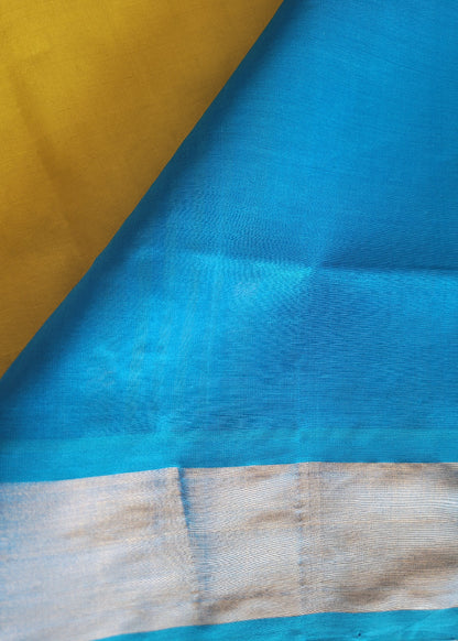 Bright Yellow and CopperSulphate Blue Silk Cotton Saree- TN