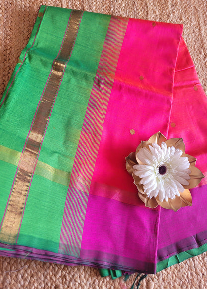 Fuchsia Pink and Leaf Green Silk Cotton Saree-TN