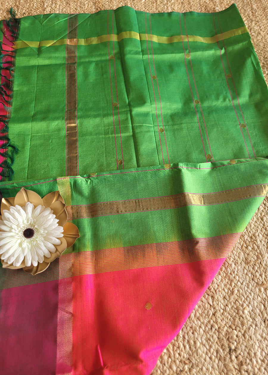 Fuchsia Pink and Leaf Green Silk Cotton Saree-TN