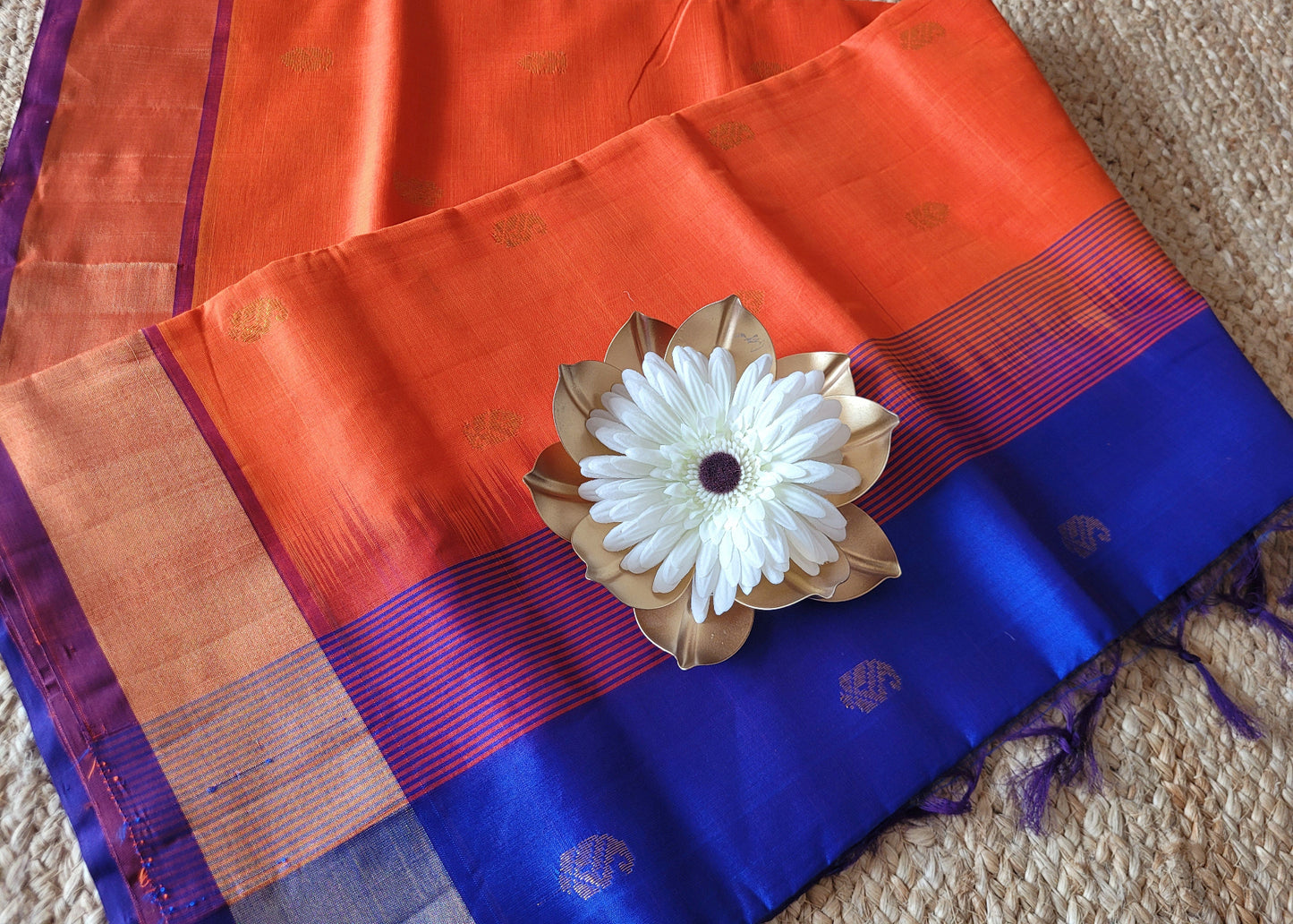 Orange And Royal Blue Silk Cotton Saree-TN