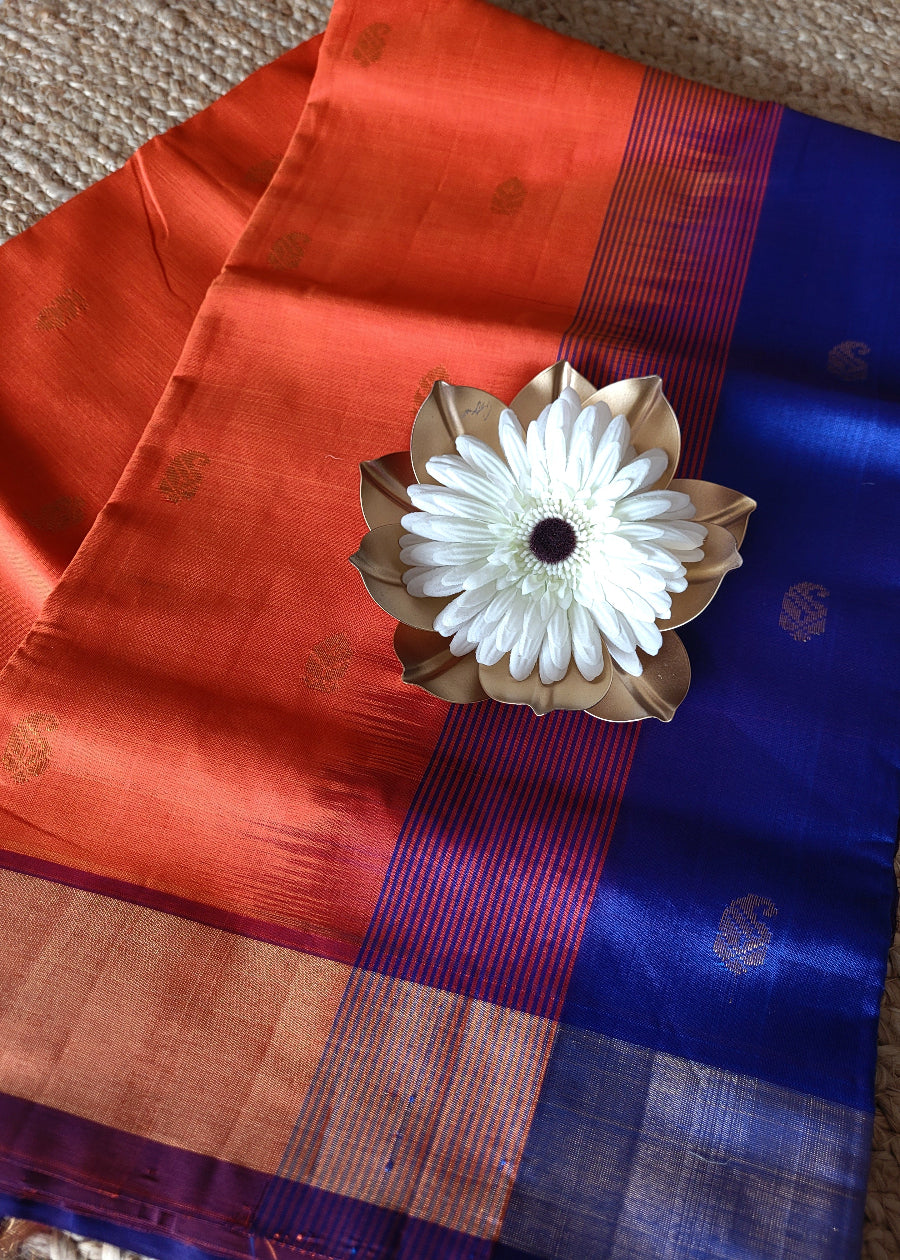 Orange And Royal Blue Silk Cotton Saree-TN