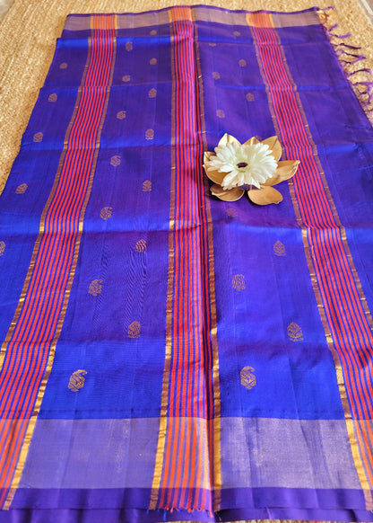 Orange And Royal Blue Silk Cotton Saree-TN