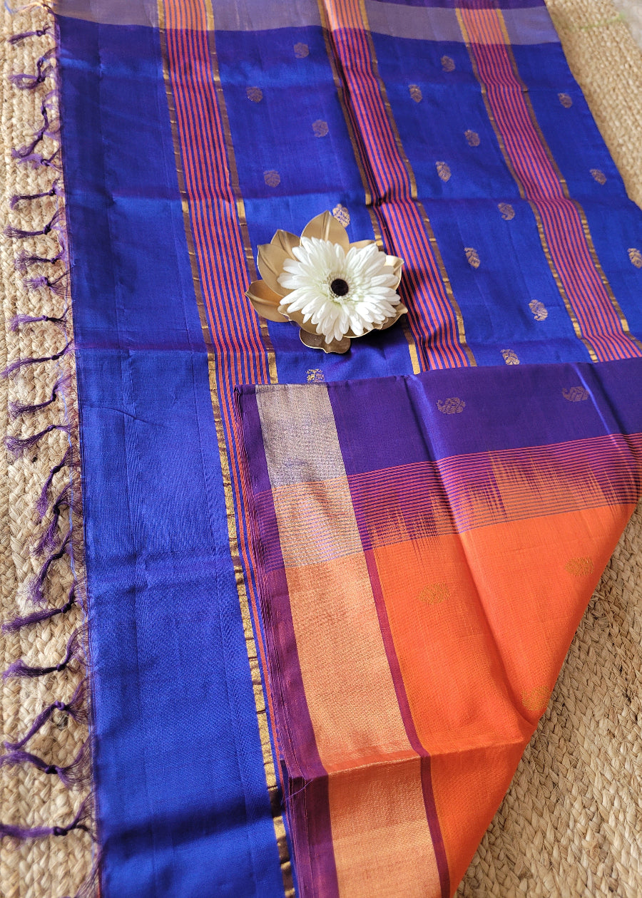 Orange And Royal Blue Silk Cotton Saree-TN