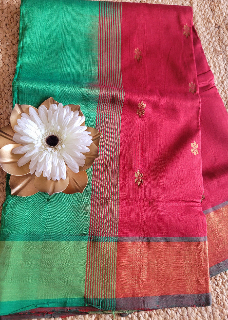 Maroon And Green Silk Cotton Saree- TN