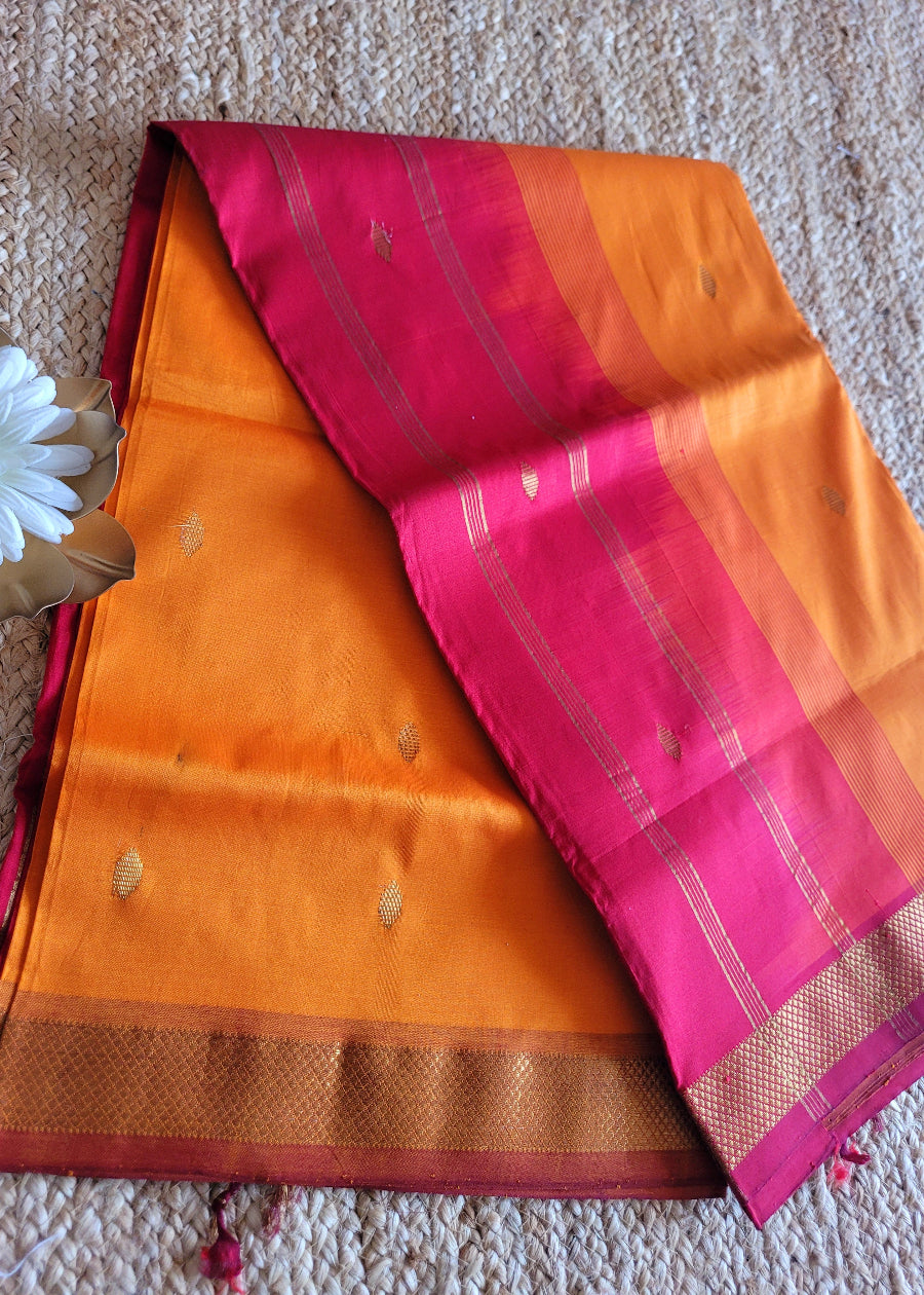 Dark Mustard And Red Silk Cotton Saree- TN