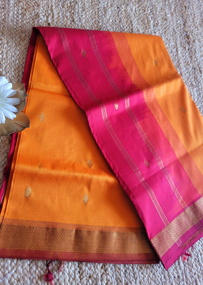 Dark Mustard And Red Silk Cotton Saree- TN