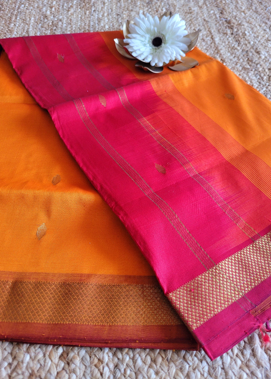 Dark Mustard And Red Silk Cotton Saree- TN