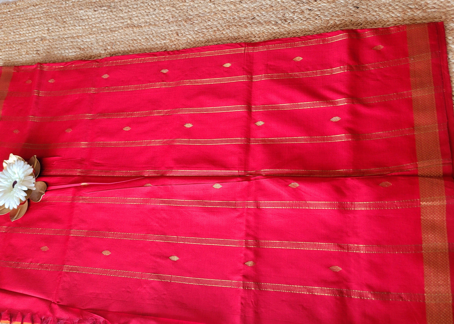 Dark Mustard And Red Silk Cotton Saree- TN