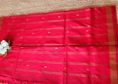 Dark Mustard And Red Silk Cotton Saree- TN