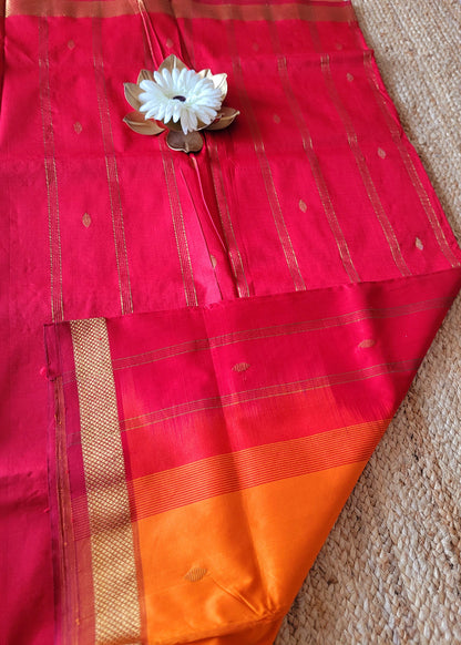 Dark Mustard And Red Silk Cotton Saree- TN