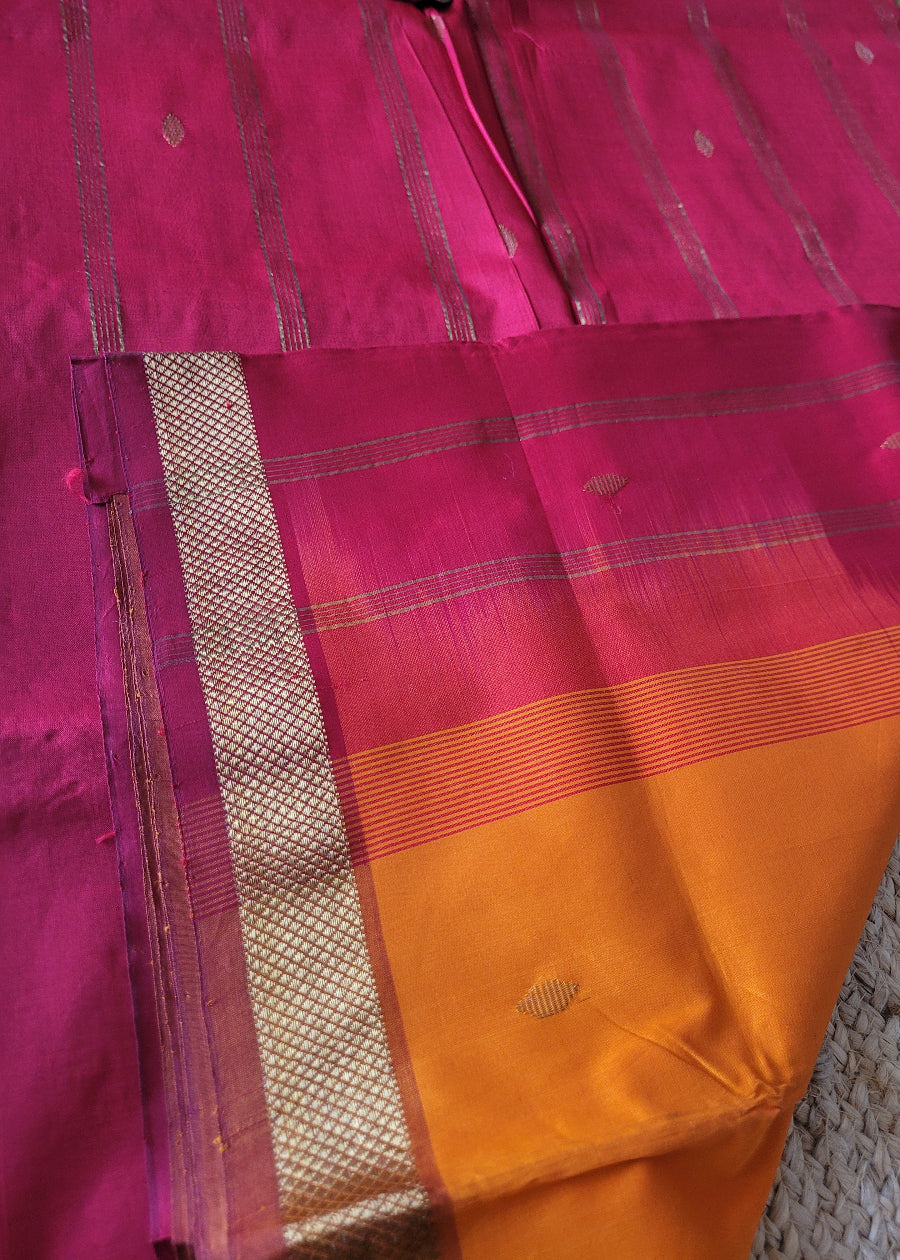 Dark Mustard And Red Silk Cotton Saree- TN