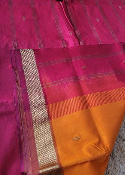 Dark Mustard And Red Silk Cotton Saree- TN