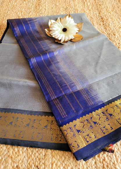 Grey and Blue SilK Cotton Saree-TN