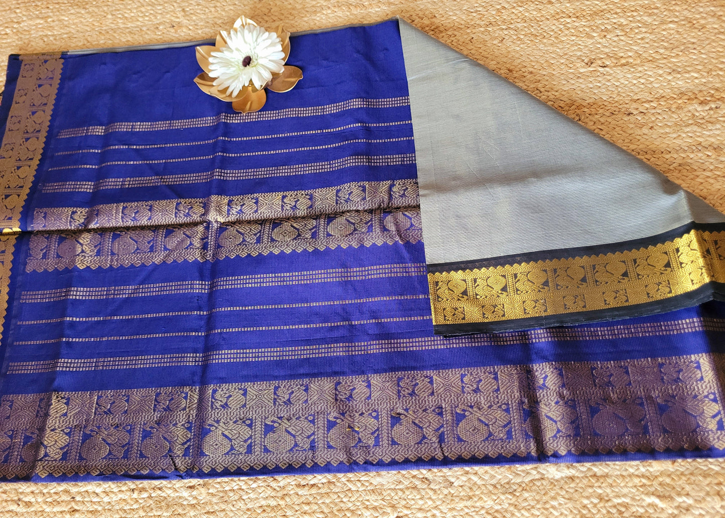 Grey and Blue SilK Cotton Saree-TN