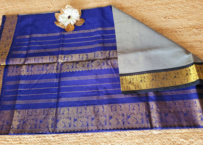 Grey and Blue SilK Cotton Saree-TN