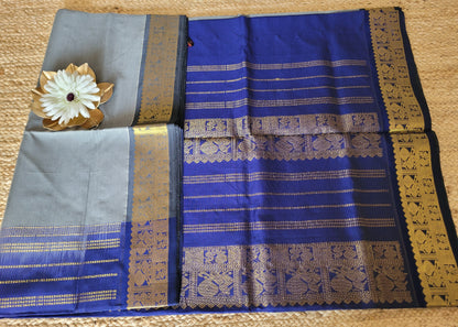 Grey and Blue SilK Cotton Saree-TN