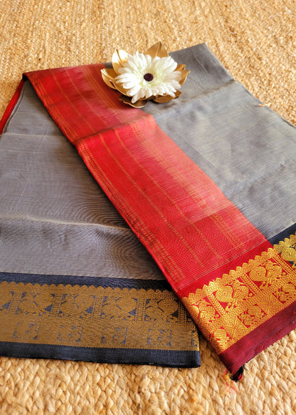 Grey And Deep Red Sil Cotton Saree- TN