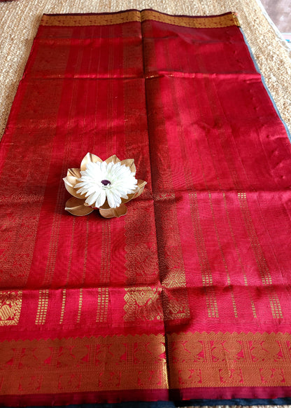 Grey And Deep Red Sil Cotton Saree- TN