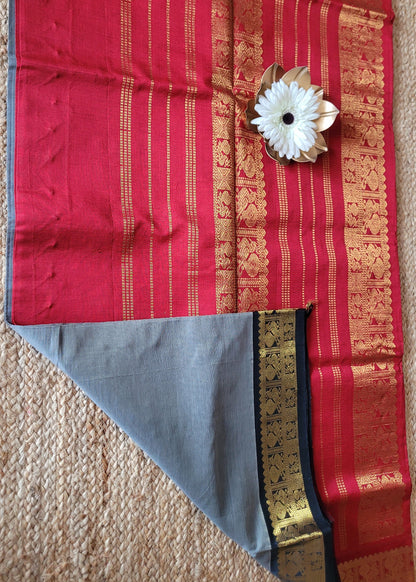 Grey And Deep Red Sil Cotton Saree- TN