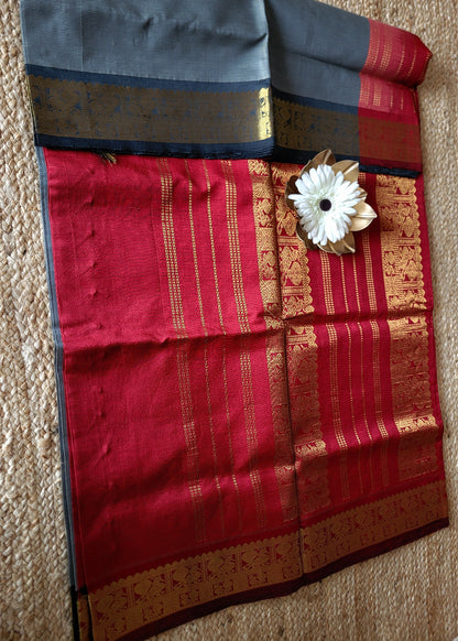 Grey And Deep Red Sil Cotton Saree- TN