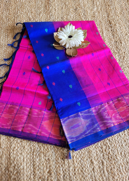 Checked Design Bright Majenta And Royal Blue Silk Cotton Saree- TN