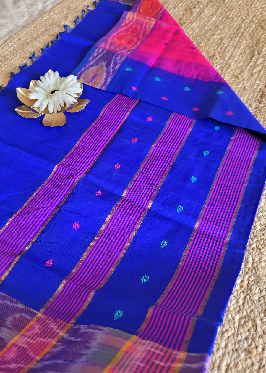 Checked Design Bright Majenta And Royal Blue Silk Cotton Saree- TN