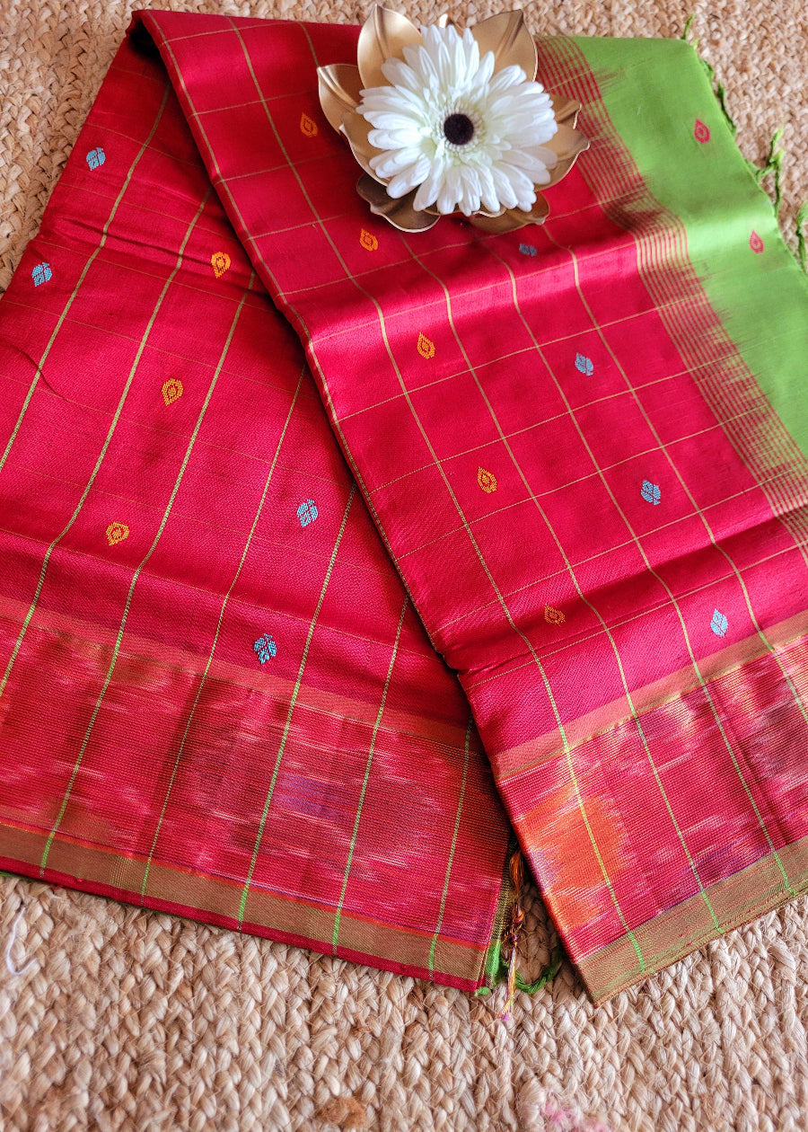 Checked Design Maroon And Leaf Green Silk Cotton Saree- TN
