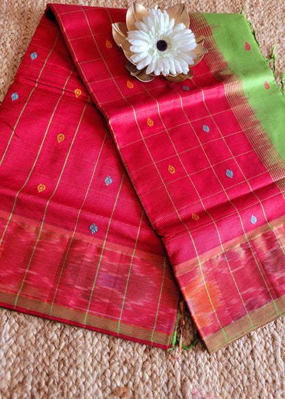 Checked Design Maroon And Leaf Green Silk Cotton Saree- TN