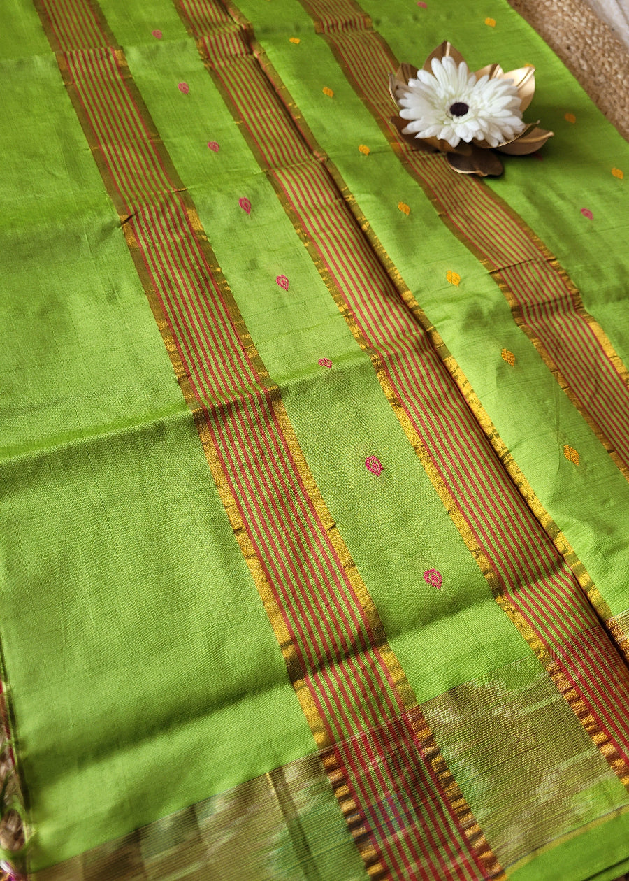 Checked Design Maroon And Leaf Green Silk Cotton Saree- TN