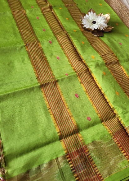 Checked Design Maroon And Leaf Green Silk Cotton Saree- TN